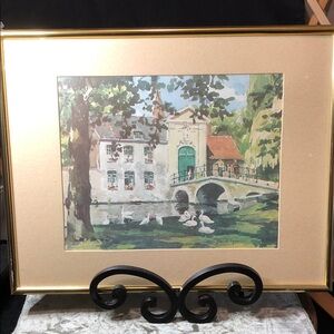 Framed Art Print with Gold Frame “ Building on a Canal” by J. Vandevyver